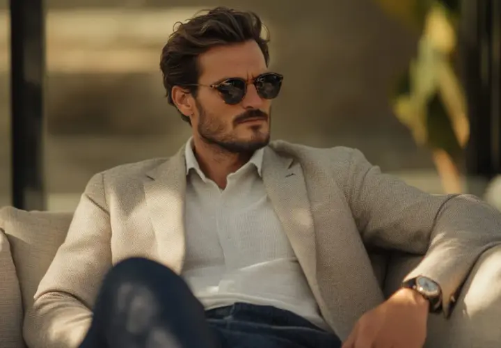 Hombre con estilo preppy, viste chaqueta beige, camisa clara y gafas de sol oscuras, relajado en un sofá.