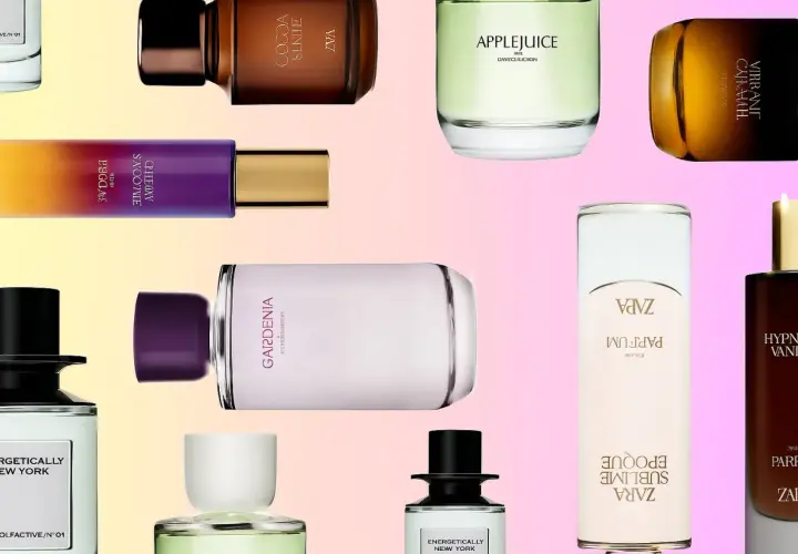 Variedad de perfumes Zara, incluyendo equivalencias y fragancias populares como Gardenia y Applejuice, en un collage vibrante.