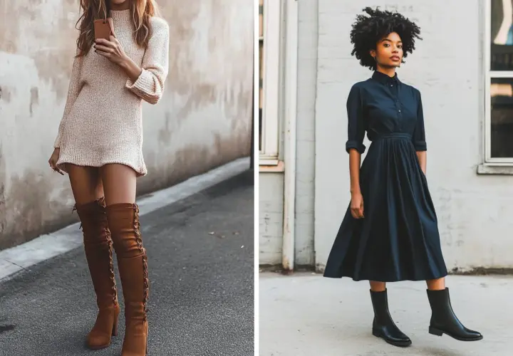Dos mujeres lucen vestidos con botines: uno de punto beige con botas altas de ante marrón, y otro azul marino con botines negros.