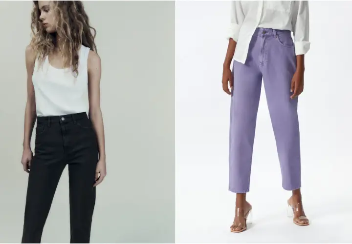 Vaqueros mom fit: favorecen a todas, realzan la figura. Dos estilos, uno negro y otro lila, para looks modernos.