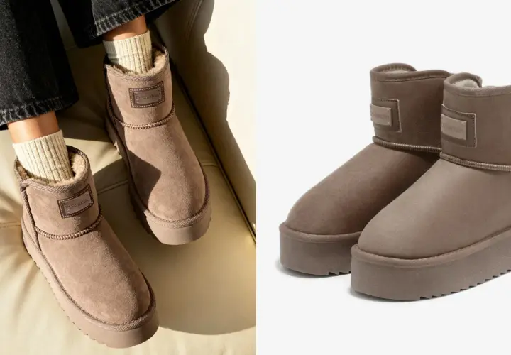 Dos tipos de botines marrones, uno puesto con calcetines de lana y otro en primer plano.
