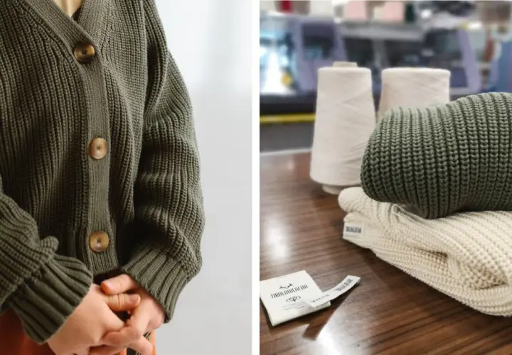 Primer plano de un cárdigan verde tejido y ovillos de hilo, mostrando diferentes tipos de fibras textiles.