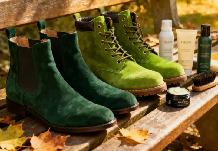 Botas de ante verde y verde lima, junto a productos para **hidratar botas de piel** y un cepillo, sobre un banco de madera con hojas de otoño.