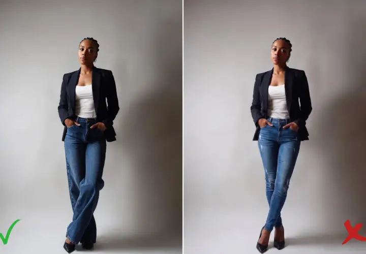 Mujer con cuerpo de pera, con blazer y jeans. Izquierda: pantalón ancho, cruzado de piernas, visto bueno. Derecha: pitillo, cruzado de piernas, visto malo.