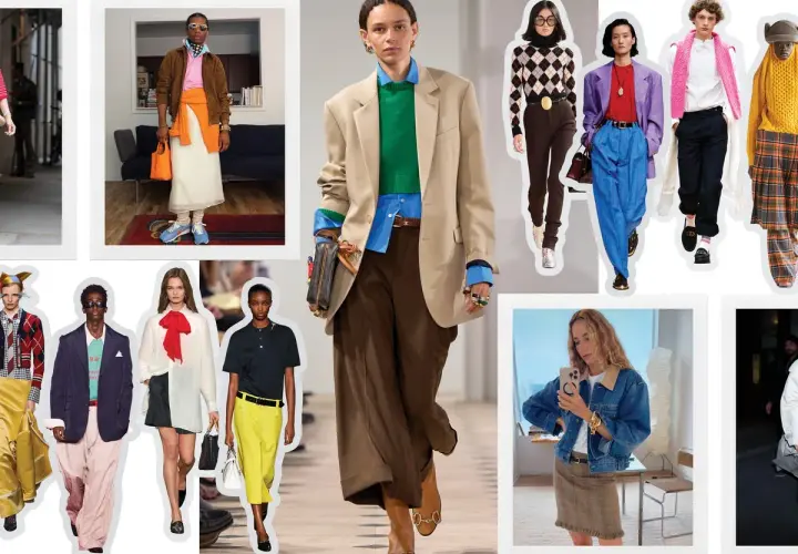 Modelos con looks preppy y elegantes, desde trajes de chaqueta hasta conjuntos casuales con estampados.