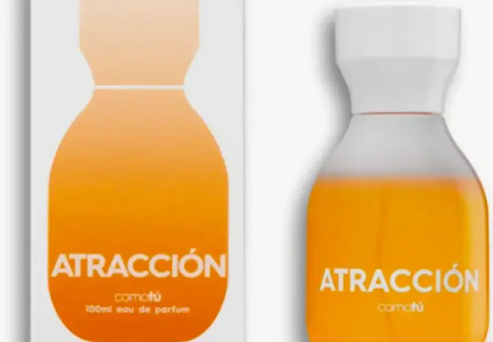 Perfume "Atracción" de Comotú, un eau de parfum para ella de Mercadona, con un diseño naranja vibrante.