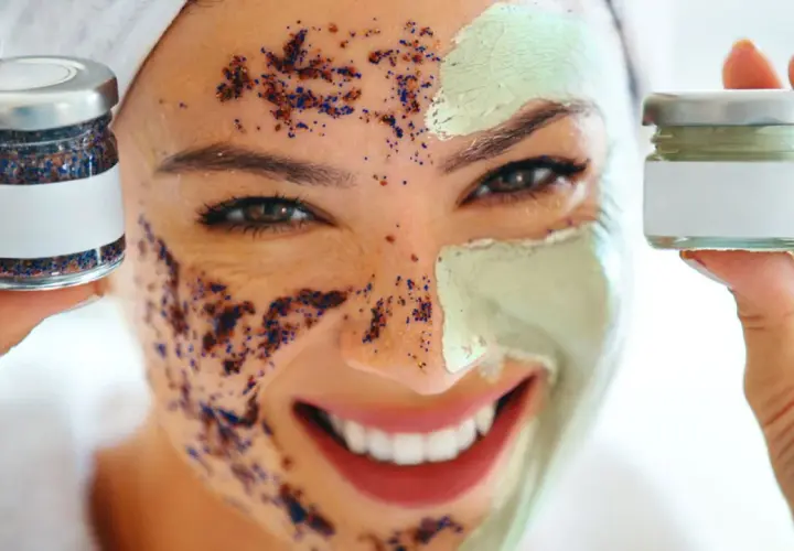 Una mujer sonríe con una mascarilla verde y un exfoliante de café y azul en su rostro.