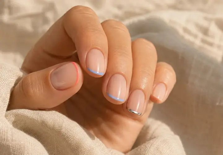 Manos con manicura francesa moderna: uñas cortas con base nude y puntas en coral, azul claro y plateado.
