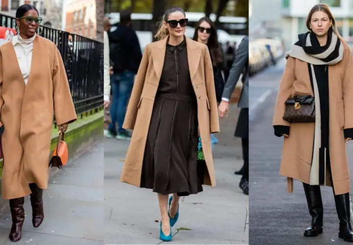 Tres mujeres lucen abrigos camel. Una combina botines camel mujer con un look elegante.