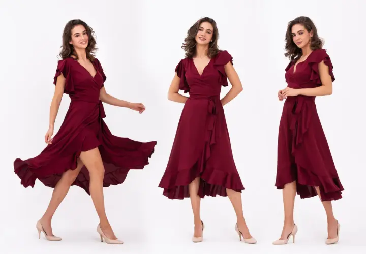 Tres vistas de una mujer con vestido burdeos y zapatos nude. Aprende cómo combinar vestido burdeos con zapatos para un look elegante.