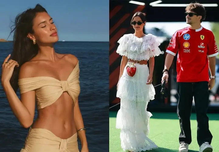 Alexandra Saint Mleux en bikini junto al mar y con un vestido blanco de encaje, junto a Charles Leclerc.