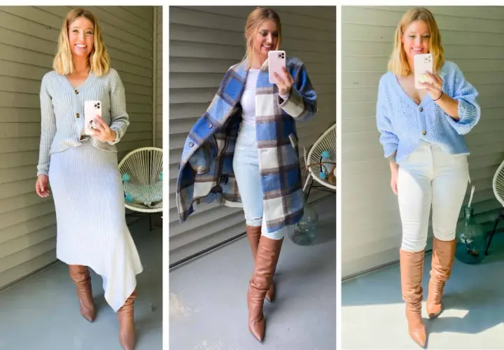 Tres looks de mujer con botas beige: con falda gris, abrigo de cuadros y jeans blancos.