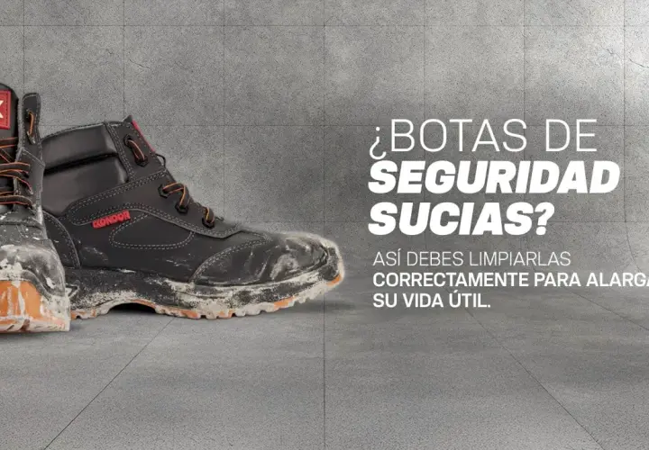 Botas de seguridad sucias con polvo y barro. Aprende cómo lavar botas de seguridad correctamente para prolongar su vida útil.