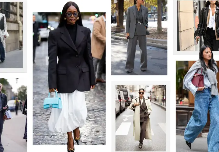 Estilos de moda con **layering**: trajes grises, blazers negros con faldas blancas, abrigos largos y chaquetas de cuero.