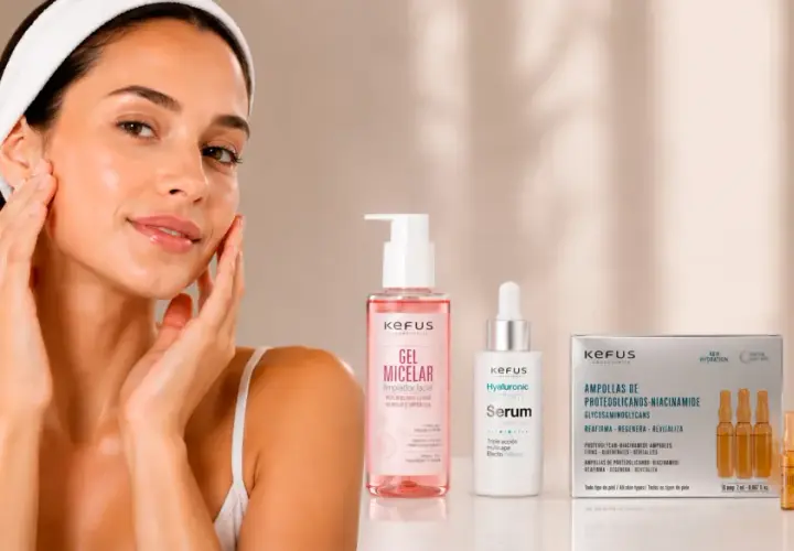 Mujer con piel radiante, aplicando productos de cuidado facial. Ideal para piel grasa, con gel micelar, serum y ampollas.