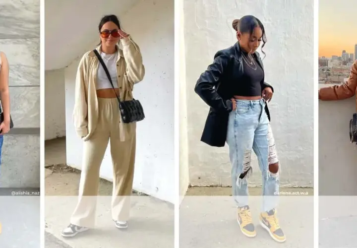 Cuatro looks de moda, uno con estilo cutecore, combinando prendas casuales y chic para un look urbano.