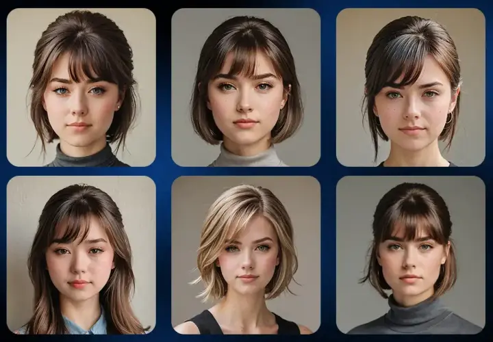 Seis retratos de mujeres con distintos tipos de flequillo, desde rectos y cortos hasta desfilados y laterales.