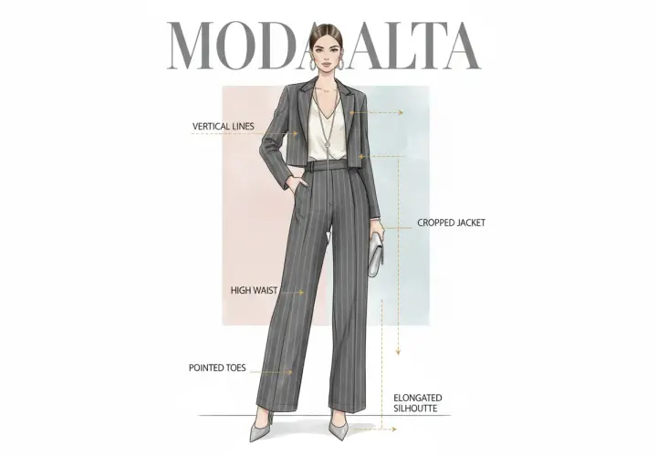 Ilustración de moda con traje a rayas verticales, chaqueta corta y pantalones de talle alto para estilizar piernas.