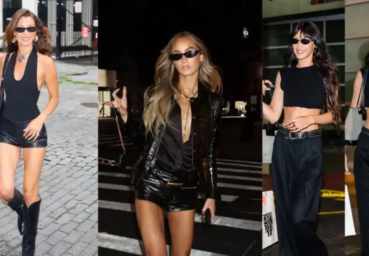 Tres mujeres con atuendos negros, una con botas de cuero y shorts, otra con chaqueta brillante y shorts, y la tercera con top corto y pantalones anchos, evocan un estilo glam rock.