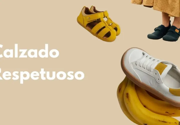 Calzado respetuoso que es cómodo y natural, como un paseo por el campo. Sandalias amarillas, zapatillas oscuras y deportivas blancas sobre plátanos.