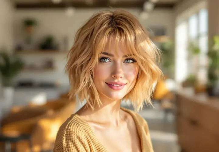 Mujer joven con un corte wolf cut rubio y ojos azules, sonriendo cálidamente.