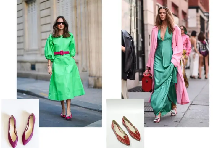 Combinaciones complementos para vestido verde: zapatos fucsia y morados, bolso rojo y abrigo rosa.