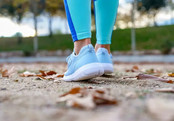 Zapatillas woman azules, listas para caminar entre hojas secas en un día fresco.