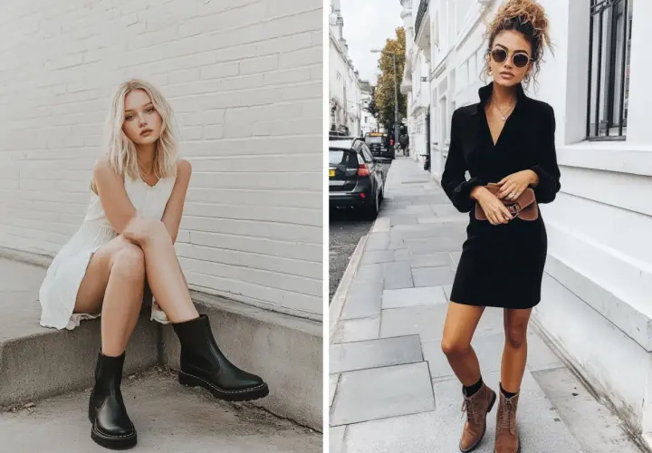 Mujer con vestido blanco y botines negros, y otra con vestido negro y botines marrones.