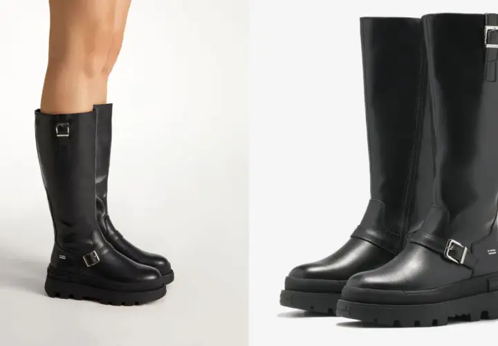 Botas altas negras con hebillas y suela gruesa, vistas de frente y de perfil.