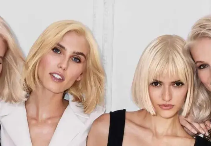 Cuatro mujeres rubias con diferentes estilos de cabello, incluyendo un corte choppy bob moderno y elegante.