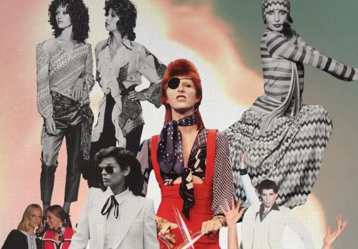 Estilo de los años 70: collage de moda con David Bowie, John Travolta y modelos con atuendos icónicos de la época.