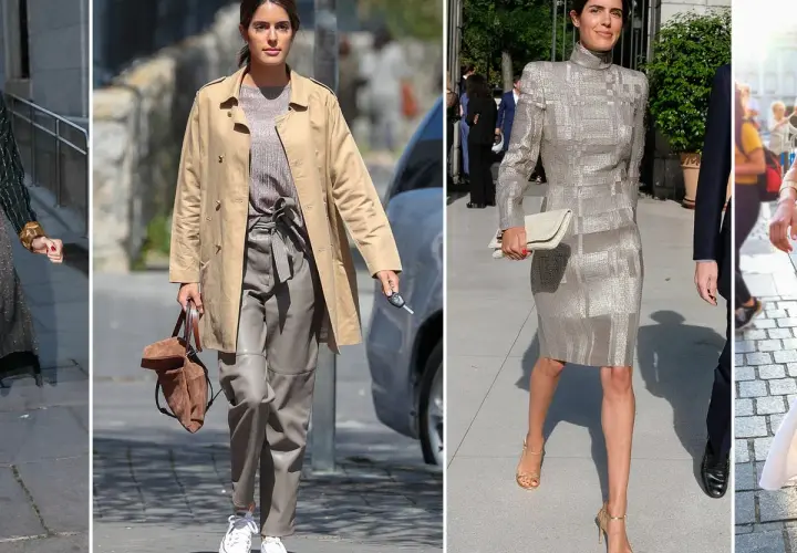 Sofia Palazuelo luce elegante con un vestido plateado y un bolso de mano. En otra imagen, lleva un look casual con gabardina y pantalones de cuero.