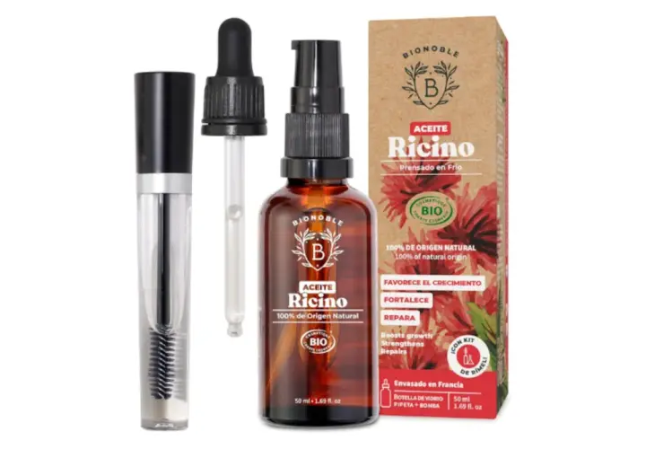 Kit para el cuidado del cabello: aceite de ricino para el pelo en frasco de vidrio con gotero y cepillo aplicador.