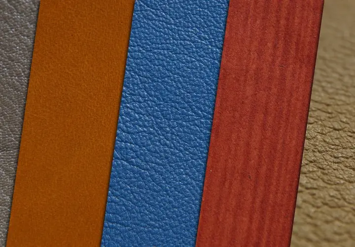 Muestras de materiales: cuero vegano azul, naranja y marrón, junto a un material rojo con vetas.
