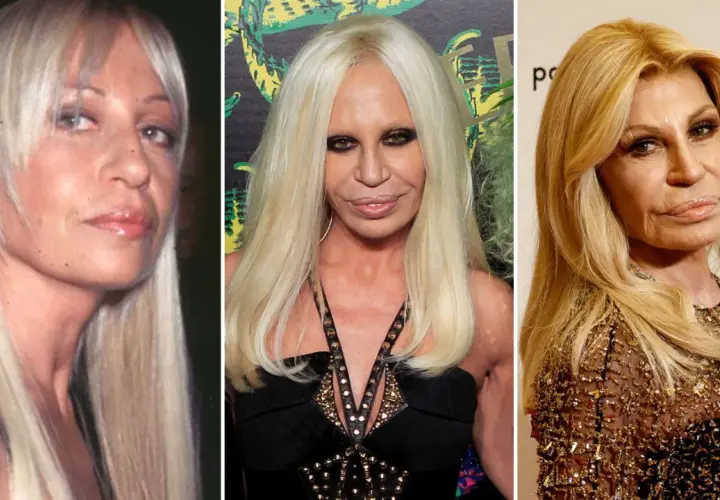 Donatella Versace joven y en diferentes etapas de su vida, mostrando su icónica melena rubia y su evolución de estilo.