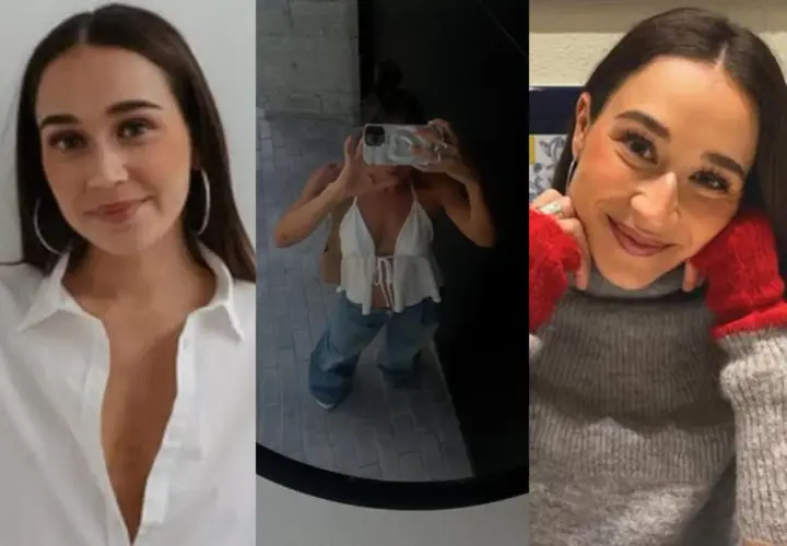 Olga Ríos en tres momentos: sonriendo con camisa blanca, selfie en espejo con top blanco y jeans, y con suéter gris y guantes rojos.