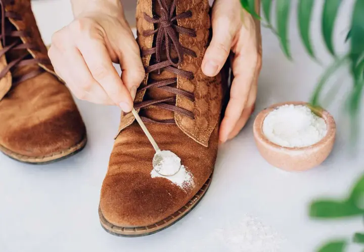 Manos aplicando polvo blanco con una cuchara sobre un zapato de gamuza marrón.