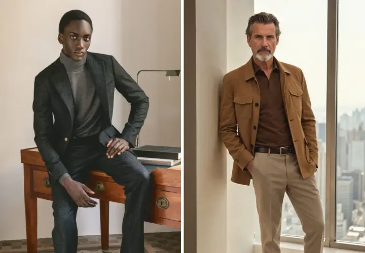 Dos hombres lucen estilos business casual: uno con traje gris y cuello alto, el otro con chaqueta marrón y polo.