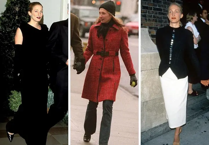 Carolyn Bessette-Kennedy luce elegante en tres atuendos: uno negro, uno rojo y uno blanco con negro.