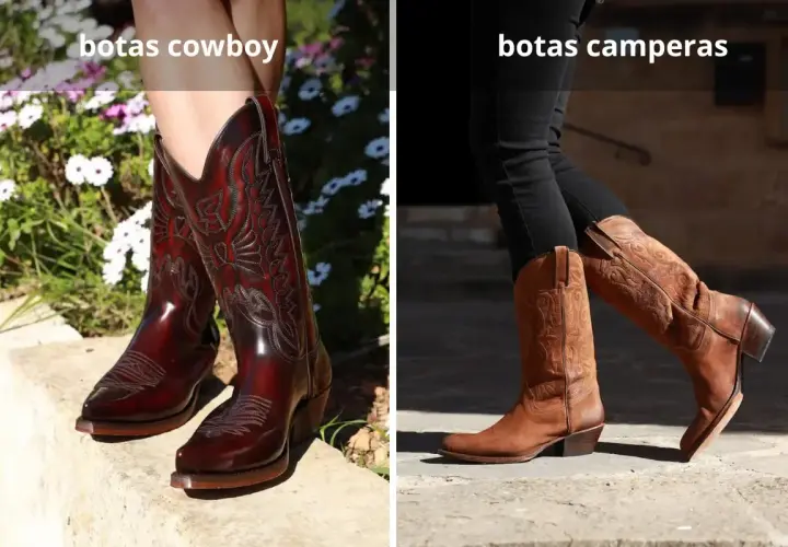 Diferencia entre botas y botines: botas cowboy rojas y brillantes junto a botas camperas marrones de ante.