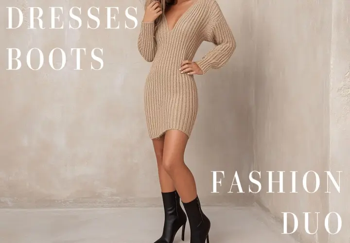 Mujer luce un vestido corto de punto color camel con botas altas negras, un dúo de moda perfecto para cualquier ocasión.