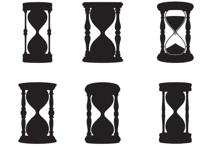 Seis siluetas de relojes de arena, algunos con arena cayendo, evocan el paso del tiempo y la forma de un cuerpo reloj de arena.