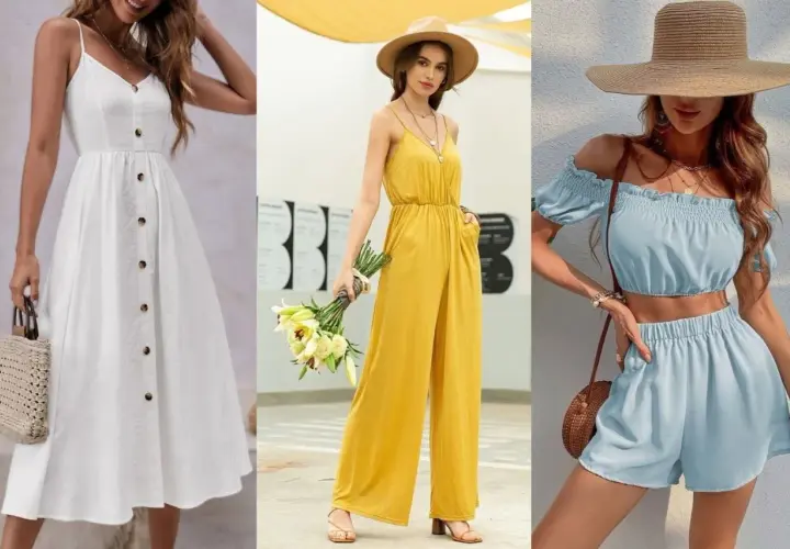 Tres looks de outfits verano mujer: vestido blanco, mono amarillo y conjunto azul.