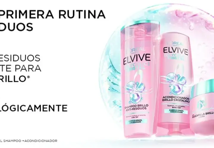 Rutina anti-residuos Elvive para un pelo brillante por 72 horas. Champú, acondicionador y mascarilla.