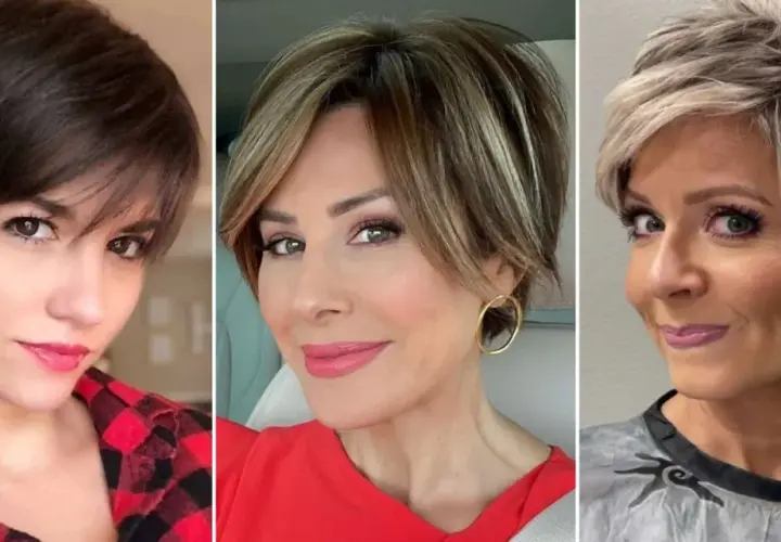 Tres mujeres con un moderno corte pixie. La primera, con pelo oscuro y flequillo. La segunda, con mechas rubias y volumen. La tercera, con un rubio desgastado y capas.