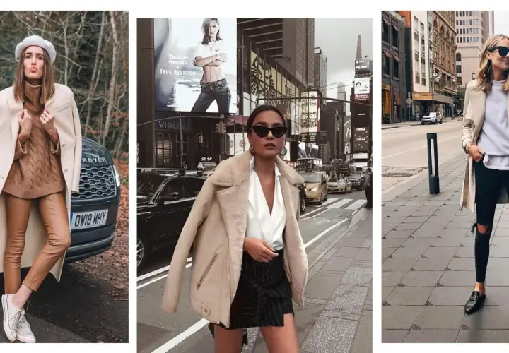 Tres mujeres con looks casuales y elegantes. Una posa junto a un coche, otra en Times Square y la tercera en una calle urbana.