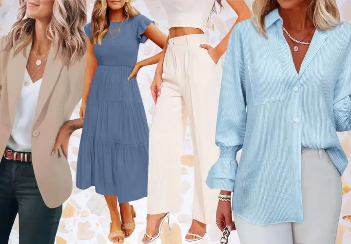 Conjunto de mujer con blazer beige, vestido azul, pantalones crema y camisa a rayas celestes. Ideal para un dress code business casual mujer.