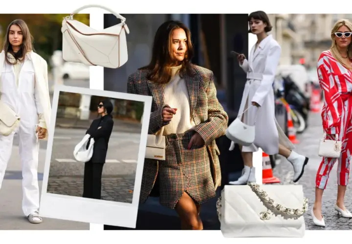 Estilos de moda callejera con un bolso blanco como accesorio clave. Looks que combinan bolso blanco con trajes, vestidos y conjuntos.