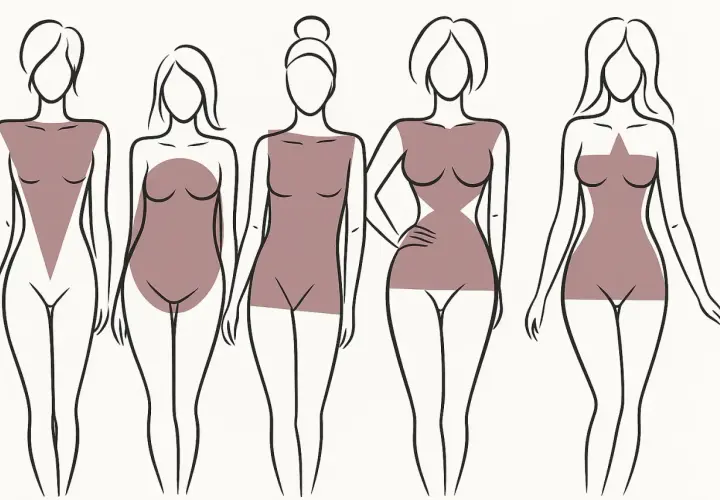 Ilustración de cinco siluetas femeninas que muestran diferentes tipos de piernas mujer y formas corporales: triángulo invertido, óvalo, rectángulo, reloj de arena y triángulo.