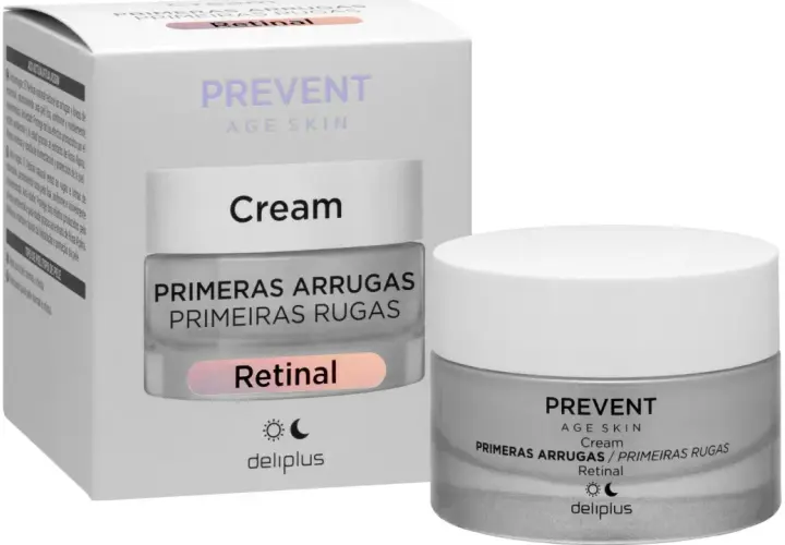 Crema antiarrugas Deliplus Prevent Age Skin con Retinal. Un tarro y su caja, listos para combatir las primeras arrugas.
